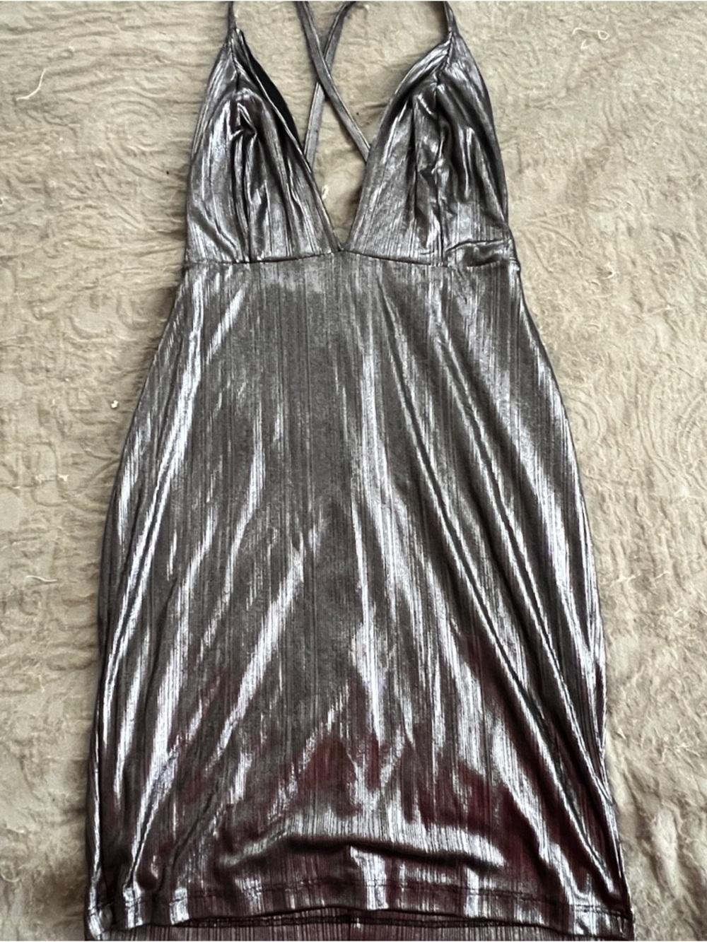 Solemio‎ Silver Metallic Spaghetti Strap Bodycon Dress Size Medium Plunge Neck
